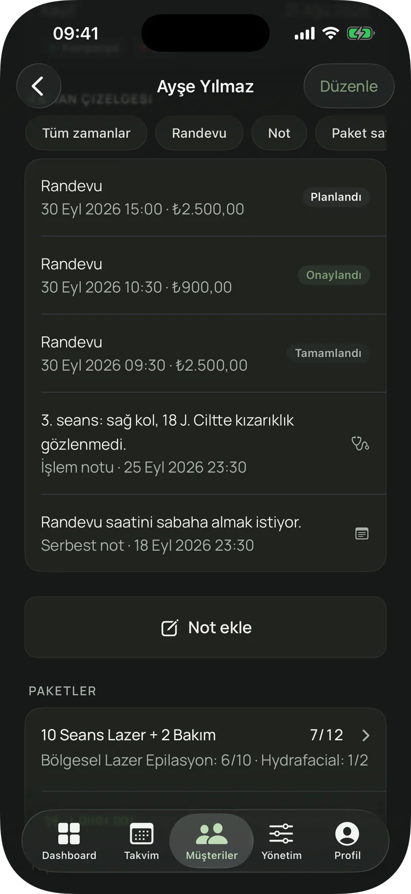 Danışan kartında randevu, işlem notu ve paket zaman çizelgesi