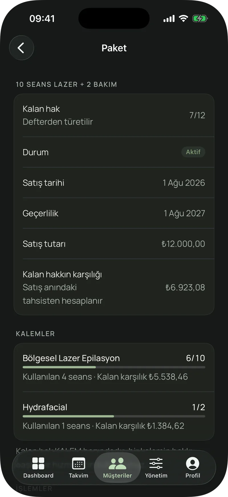 Seans paketi detayı: kalan hak, geçerlilik ve kalem bazında kullanım
