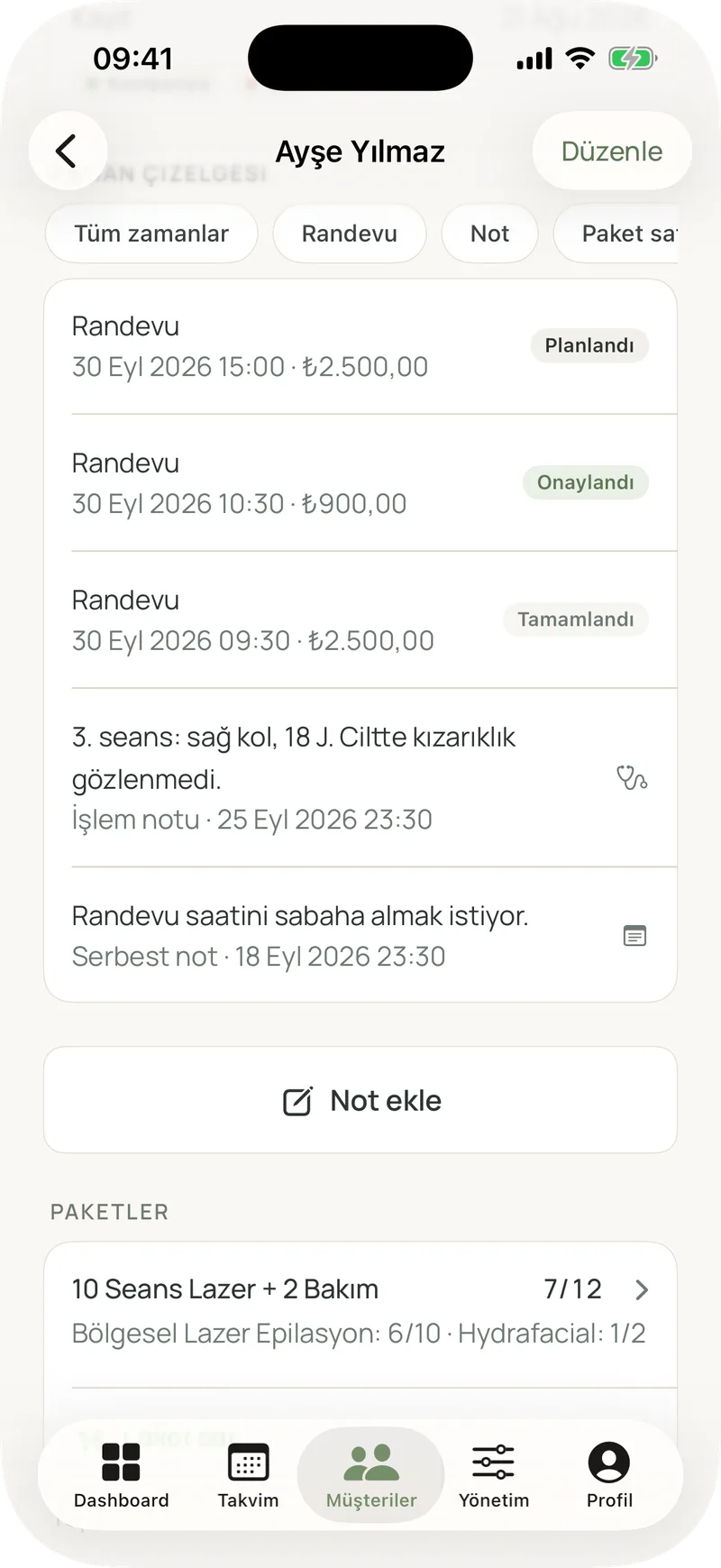 Danışan kartında randevu, işlem notu ve paket zaman çizelgesi
