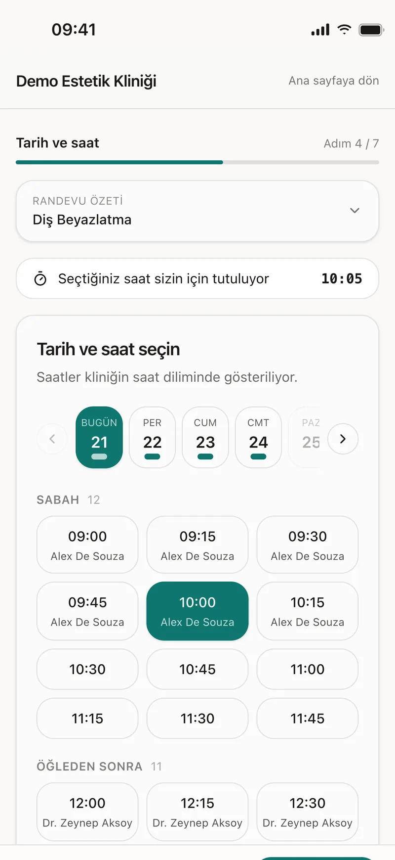 Kliniğin online randevu sayfasında seçilen hizmete göre boş saatler