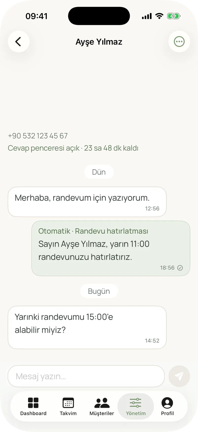 WhatsApp konuşması: danışan mesajı ve otomatik randevu hatırlatması